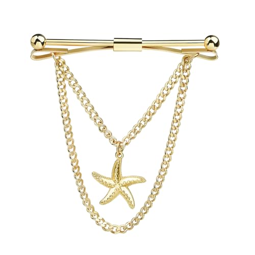 ViVDuo Krawattenklammern für Herren mit Kettenanhänger, vergoldetes Messing, Clip-on Kragenstange, klassischer Stil, Goldfarbener Seestern, 2.4 Inches Length von ViVDuo