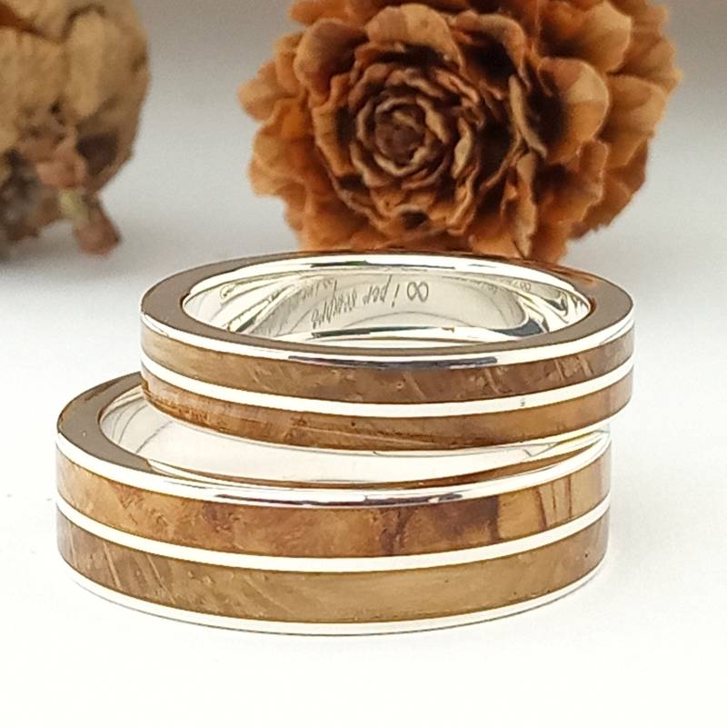 Hochzeit Set/Silber Allianzen Von Olivenrecht Und Weiße Eiche. Eheringe - Original von ViademonteJewelry