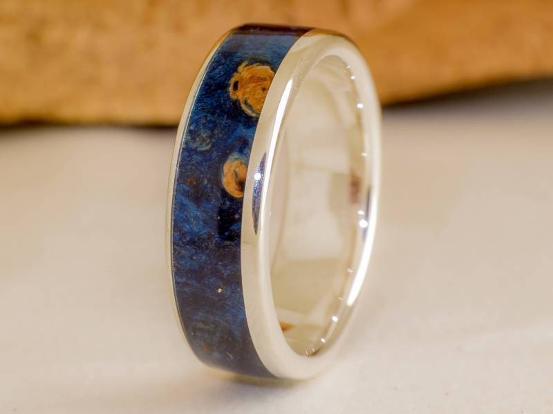 Silber- Und Birkenring Burl Blue - Allianz Mit Holz Sterlingsilber Blauer Ring Blaue Hochzeitsideen von ViademonteJewelry