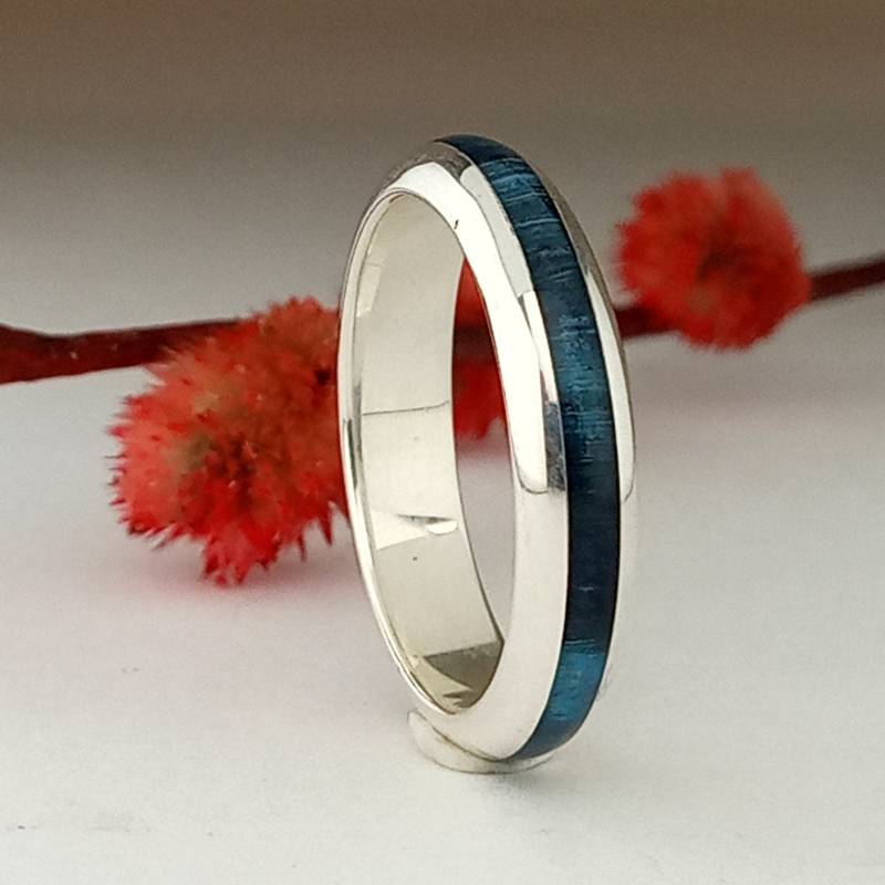 Silberner Und Blauer Birkenholzring/Original Ringe Blauer Ehering von ViademonteJewelry