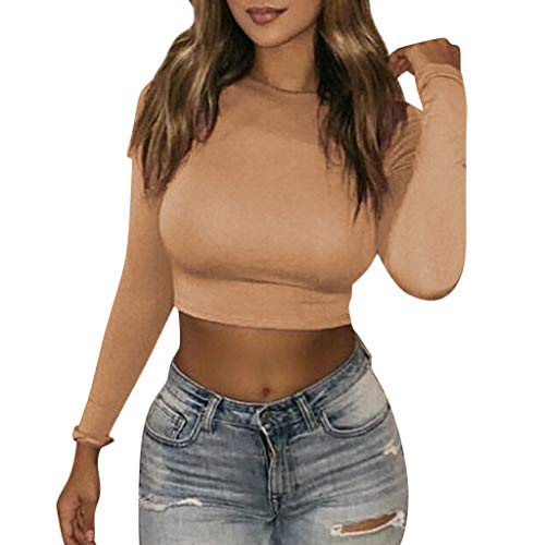 Viahwyt Damen Langarm Crop Tops Belichtung des Nabel-Langen Hülsen-O-Ausschnitt-festen Hemdes Top Bluse(Khaki,M) von Viahwyt Langarm top