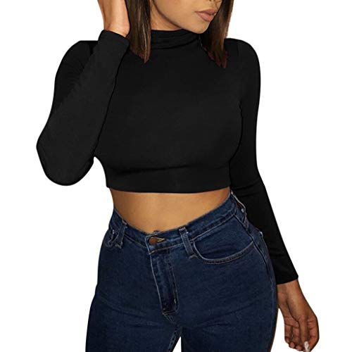 Viahwyt Damen Langarm Crop Tops Belichtung des Nabel-Langen Hülsen-O-Ausschnitt-festen Hemdes Top Bluse(Schwarz,L) von Viahwyt Langarm top