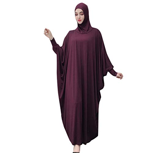 Viahwyt Muslim Roben Frauen einfarbig Kleid Moslemische Kopfbedeckungen Moschee Fledermaus Ärmel Roben Strickjacke Ramadan Kleid(Lila,Freie Größe) von Viahwyt Muslimische Kleidungs