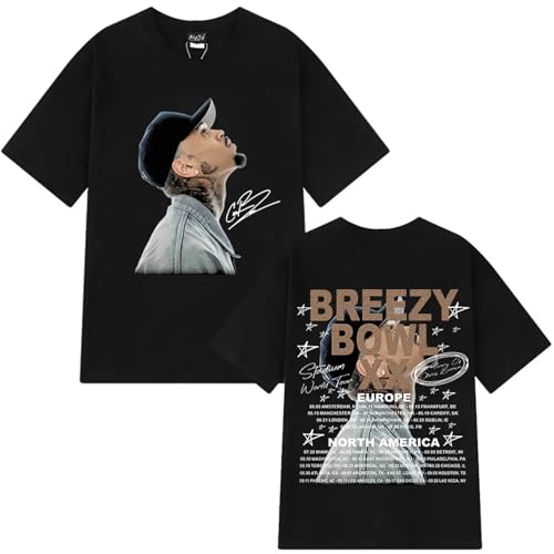 T-Shirt Baumwolle Rundhalspullover Sweatshirt Rapper Chris Brown Breezy XX Tour 2025 Hip-Hop Oversized Kurzarmelige Straße Unisex Sommer Tees XS-3XL-Grey||3X_l von Viaopo