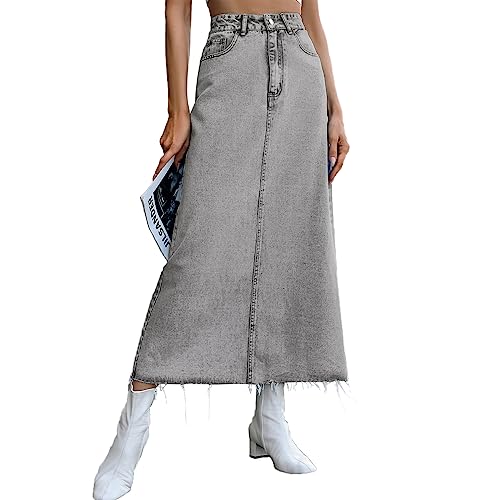 Lange Jeansröcke für Frauen Maxi Paperbag Hohe Taille Ausgefranster Rohsaum A-Linie Flare Jean Rock mit Taschen, C# Grau, Mittel von Viatabuna