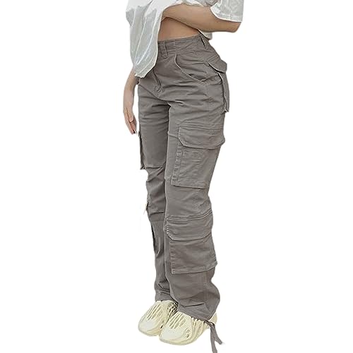 Viatabuna Hohe Taille Cargohose für Frauen Baggy Y2k Gerade Weite Bein Hose mit Taschen Streetwear, A-dark grey, Groß von Viatabuna