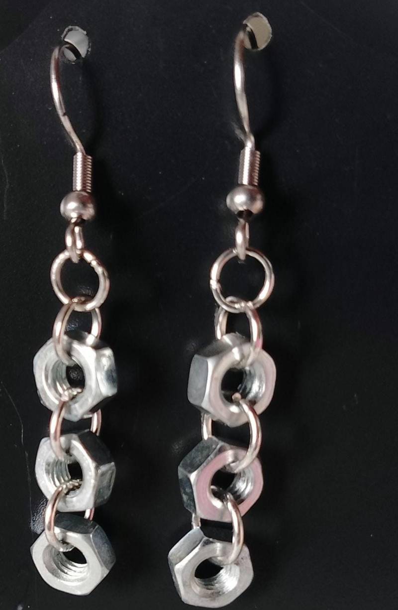 Ohrringe Silber Stahl Steampunk Ohrhänger Alltag Schmuck Sechskantmutter Hypoallergen Edelstahl Ausgefallen Besonders Original von VibberrawrryJewels