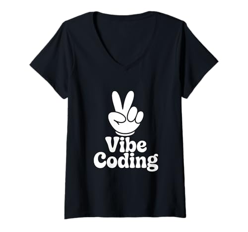 Damen Vibe Coding Coder Peace Sign Lustiger Programmierer KI-Entwickler T-Shirt mit V-Ausschnitt Damen Vibe Coding Coder Peace Sign Lustiger Programmierer KI-Entwickler T-Shirt mit V-Ausschnitt von Vibe Coding Coder Peace Sign Funny