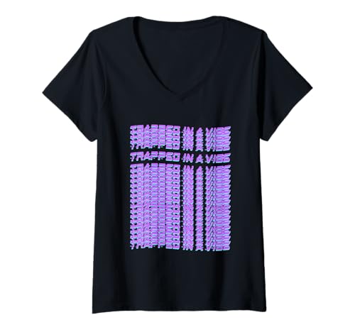 Damen Trapped in a Vibe Glitch Typografie Repeat T-Shirt mit V-Ausschnitt Damen Trapped in a Vibe Glitch Typografie Repeat T-Shirt mit V-Ausschnitt von Vibe Stack Studios