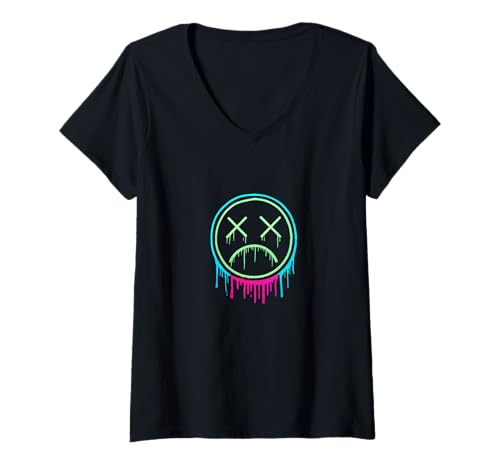 Damen Graffiti Trauriges Gesicht X Eyes Dripping Street Urban Artwork T-Shirt mit V-Ausschnitt Damen Graffiti Trauriges Gesicht X Eyes Dripping Street Urban Artwork T-Shirt mit V-Ausschnitt von Vibe Street Art Co.
