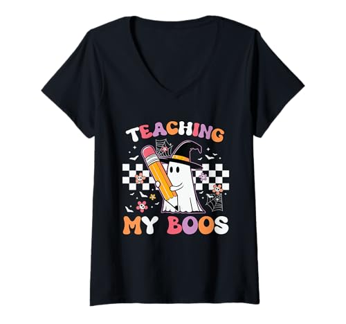 Damen Gruseliger lustiger Geist für Halloween-Lehrer T-Shirt mit V-Ausschnitt von Vibes Apparel Halloween Teacher Costume Co.