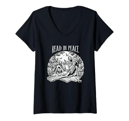 Damen Gruseliges Halloween-Skelett mit Buch T-Shirt mit V-Ausschnitt von Vibes Apparel Halloween Teacher Costume Co.