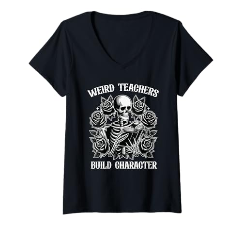 Damen Halloween Lehrer Design Skelett Leserosen T-Shirt mit V-Ausschnitt von Vibes Apparel Halloween Teacher Costume Co.