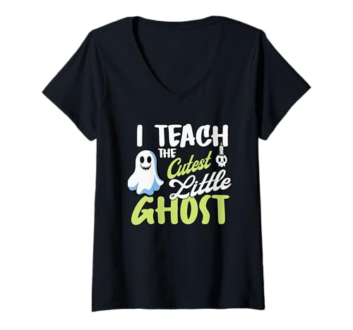 Damen Ich unterrichte den süßesten kleinen Geist Halloween-Unterricht T-Shirt mit V-Ausschnitt von Vibes Apparel Halloween Teacher Costume Co.