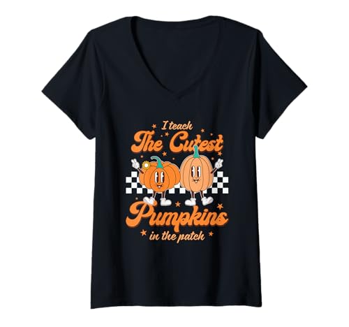 Damen Ich unterrichte die süßesten Kürbisse Halloween-Lehrer T-Shirt mit V-Ausschnitt von Vibes Apparel Halloween Teacher Costume Co.