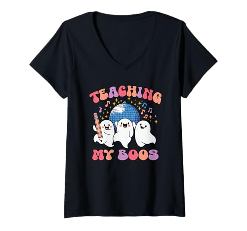 Damen Lustiger Halloween-Lehrer Trick Or Teach T-Shirt mit V-Ausschnitt von Vibes Apparel Halloween Teacher Costume Co.