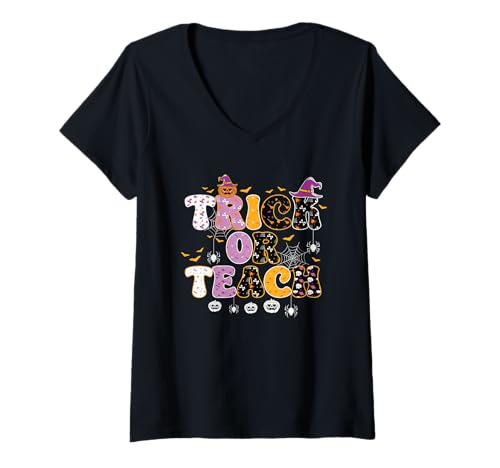 Damen Lustiger Trick or Teach Halloween Lehrer T-Shirt mit V-Ausschnitt von Vibes Apparel Halloween Teacher Costume Co.