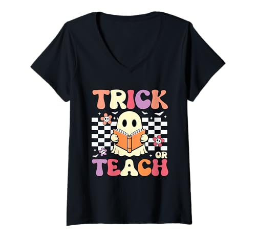 Damen Lustiger gruseliger Halloween-Lehrer Trick or Teach T-Shirt mit V-Ausschnitt von Vibes Apparel Halloween Teacher Costume Co.