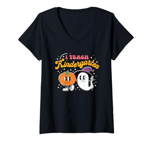 Damen Lustiges Halloween Lehrer Kostüm für Kindergarten T-Shirt mit V-Ausschnitt von Vibes Apparel Halloween Teacher Costume Co.