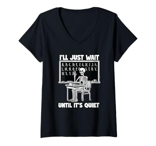 Damen Lustiges Halloween-Lehrer-Skelett-Design T-Shirt mit V-Ausschnitt von Vibes Apparel Halloween Teacher Costume Co.