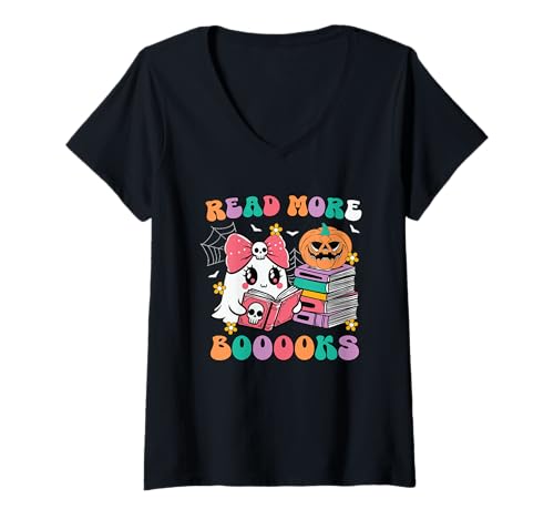 Damen Lustiges gruseliges Halloween-Kostüm für Buchliebhaber T-Shirt mit V-Ausschnitt Damen Lustiges gruseliges Halloween-Kostüm für Buchliebhaber T-Shirt mit V-Ausschnitt von Vibes Apparel Halloween Teacher Costume Co.