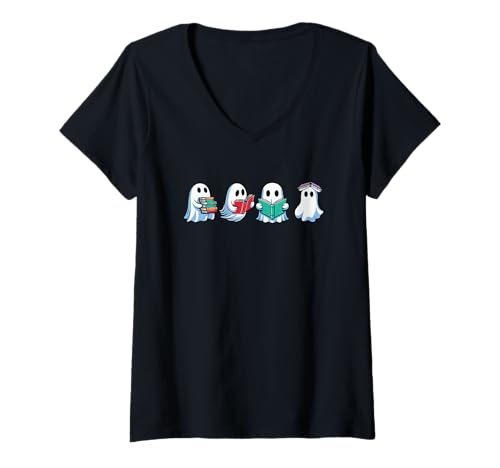 Damen Niedliche Halloween-Geister lesen Bücher T-Shirt mit V-Ausschnitt von Vibes Apparel Halloween Teacher Costume Co.