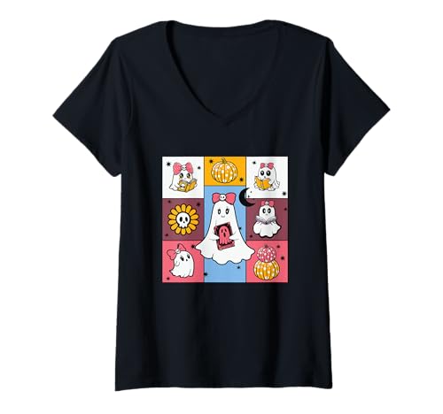 Damen Niedliche Halloween-Lehrer Geister Trick Or Teach T-Shirt mit V-Ausschnitt von Vibes Apparel Halloween Teacher Costume Co.