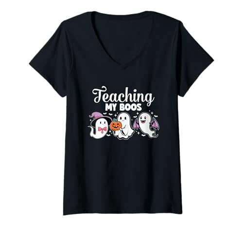 Damen Teaching My Boos Gruseliger Halloween-Lehrer T-Shirt mit V-Ausschnitt von Vibes Apparel Halloween Teacher Costume Co.