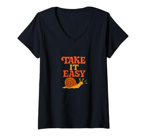 Damen Take It Easy Retro-Schnecken-Design T-Shirt mit V-Ausschnitt Damen Take It Easy Retro-Schnecken-Design T-Shirt mit V-Ausschnitt von Vibes Only Snails