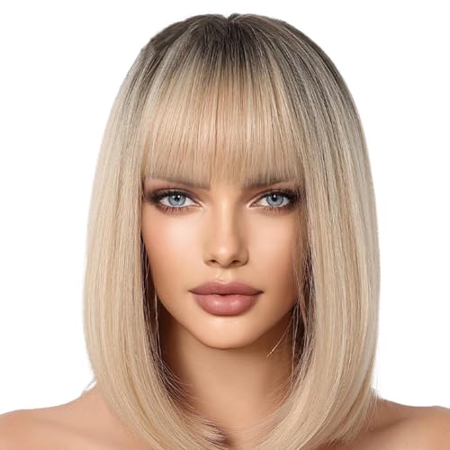 Kurze Bob-Perücke, kurz, natürlich, mit Highlights, hitzebeständiges Kunsthaar, natürlich aussehende, gerade Bob-Perücke mit Pony, kurze Bob-Perücken für Frauen und Mädchen Kurze Bob-Perücke, kurz, natürlich, mit Highlights, hitzebeständiges Kunsthaar, natürlich aussehende, gerade Bob-Perücke mit Pony, kurze Bob-Perücken für Frauen und Mädchen von Vibhgtf
