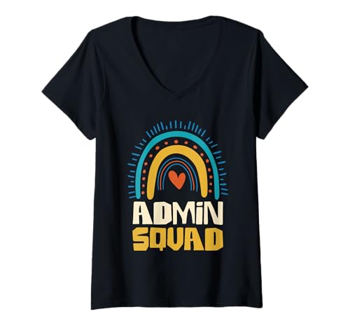 Damen Admin Squad Buntes Herz Regenbogen T-Shirt mit V-Ausschnitt von Vibrant Admin Office Team Unity