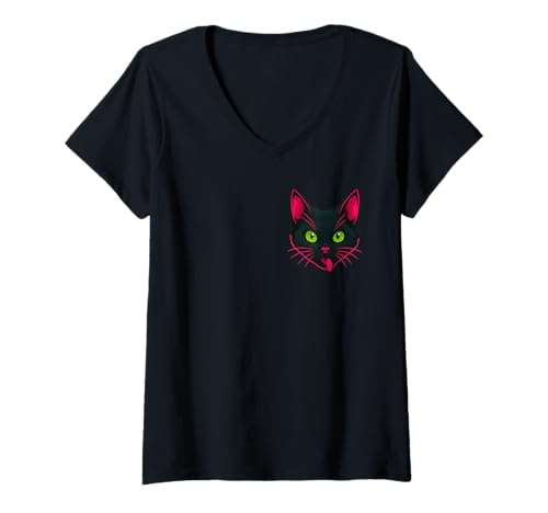 Damen Süße Schwarze tropfende Eiscreme-Katze mit grünen Augen T-Shirt mit V-Ausschnitt von Vibrant Black Dripping Ice Cream Art Cat Lovers