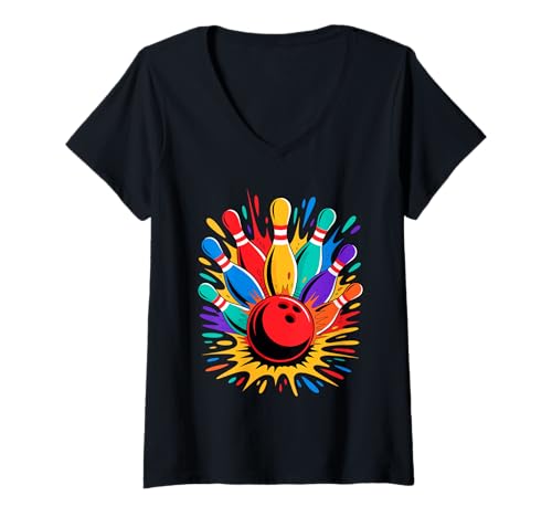 Damen Colorsplash Bowling Game Lanes Flipper Ball T-Shirt mit V-Ausschnitt Damen Colorsplash Bowling Game Lanes Flipper Ball T-Shirt mit V-Ausschnitt von Vibrant Bowling Apparel
