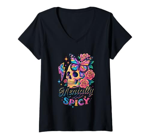 Damen Geistig würzige Totenkopf-Schmetterlings- T-Shirt mit V-Ausschnitt von Vibrant Butterfly Skull Lightning Roses
