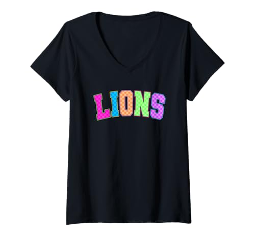 Damen Buntes Kariertes Löwen-Text-Design T-Shirt mit V-Ausschnitt von Vibrant Checkered Pattern Animal Pride