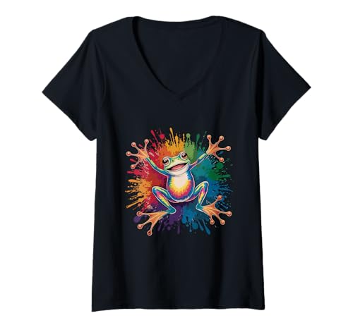 Damen Vibrant Splash Frosch Regenbogen Joyful Art T-Shirt mit V-Ausschnitt Damen Vibrant Splash Frosch Regenbogen Joyful Art T-Shirt mit V-Ausschnitt von Vibrant Colorful Frogs Enthusiast Art