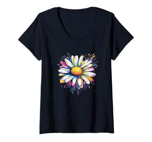 Damen Farbenfrohes und lustiges Sommer-Gänseblümchen-Kostüm T-Shirt mit V-Ausschnitt Damen Farbenfrohes und lustiges Sommer-Gänseblümchen-Kostüm T-Shirt mit V-Ausschnitt von Vibrant Daisy Look