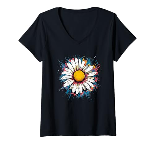 Damen Tolle Sommerwiese mit Blumen und Gänseblümchen T-Shirt mit V-Ausschnitt Damen Tolle Sommerwiese mit Blumen und Gänseblümchen T-Shirt mit V-Ausschnitt von Vibrant Daisy Look