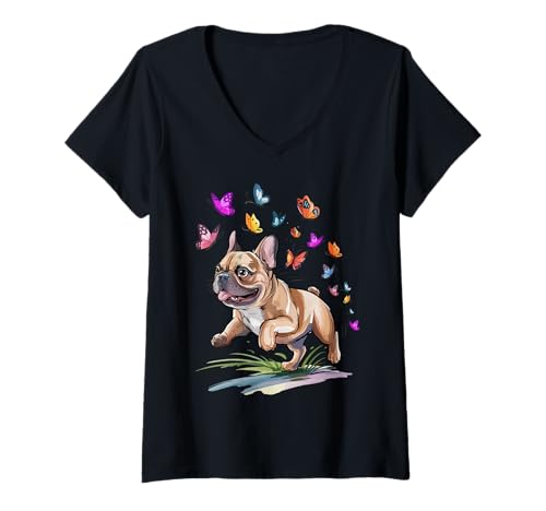 Damen Lustige französische Bulldogge mit Schmetterlingen Verspieltes Haustier Happy Dog T-Shirt mit V-Ausschnitt Damen Lustige französische Bulldogge mit Schmetterlingen Verspieltes Haustier Happy Dog T-Shirt mit V-Ausschnitt von Vibrant Dog illustration With Colorful insects