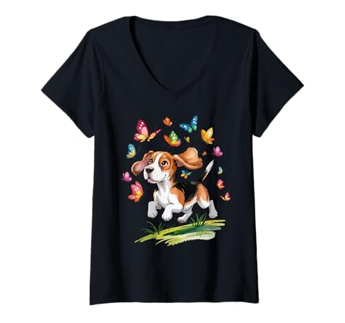 Damen Lustiger Beagle-Hund mit Schmetterlingen, Verspieltes Haustier, glückliches Tier T-Shirt mit V-Ausschnitt Damen Lustiger Beagle-Hund mit Schmetterlingen, Verspieltes Haustier, glückliches Tier T-Shirt mit V-Ausschnitt von Vibrant Dog illustration With Colorful insects