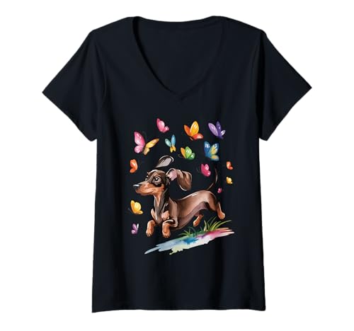 Damen Lustiger Dackel mit Schmetterlingen Verspieltes Haustier Glückliches Tier T-Shirt mit V-Ausschnitt Damen Lustiger Dackel mit Schmetterlingen Verspieltes Haustier Glückliches Tier T-Shirt mit V-Ausschnitt von Vibrant Dog illustration With Colorful insects