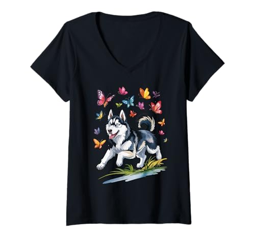 Damen Lustiger Husky-Hund mit Schmetterlingen Verspieltes Haustier glückliches Tier T-Shirt mit V-Ausschnitt Damen Lustiger Husky-Hund mit Schmetterlingen Verspieltes Haustier glückliches Tier T-Shirt mit V-Ausschnitt von Vibrant Dog illustration With Colorful insects