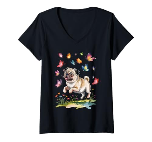 Damen Lustiger Mops mit Schmetterlingen Verspieltes Haustier Happy Dog Tier T-Shirt mit V-Ausschnitt von Vibrant Dog illustration With Colorful insects
