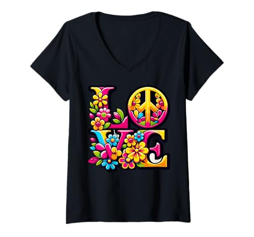 Damen Love Peace Zeichen Retro Bunte Flower Power T-Shirt mit V-Ausschnitt Damen Love Peace Zeichen Retro Bunte Flower Power T-Shirt mit V-Ausschnitt von Vibrant Expressions Apparel That Speaks Love and