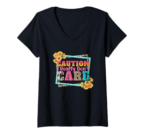 Damen Vorsicht, es ist Mir wirklich egal. Kühner Ausdruck T-Shirt mit V-Ausschnitt von Vibrant Expressions With Sunflower Pop Art Style