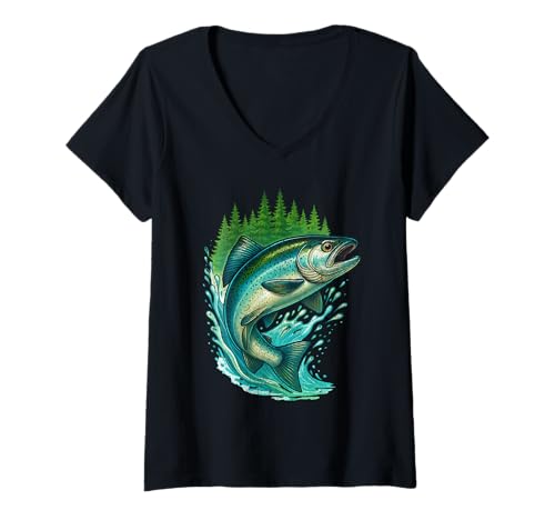 Damen Lebendiges Forellen-Springfisch-Angel-Abenteuer-Design T-Shirt mit V-Ausschnitt von Vibrant Fishing Trout Graphic Apparel for Anglers