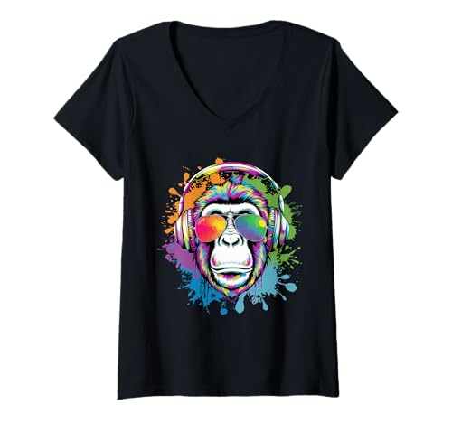 Damen Colorful Monkey Kopfhörer Splatter Vibe T-Shirt mit V-Ausschnitt Damen Colorful Monkey Kopfhörer Splatter Vibe T-Shirt mit V-Ausschnitt von Vibrant Funky Groovy Ape Vibes Splashy