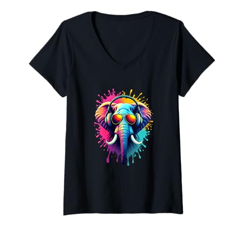 Damen Cooler Elefant mit Kopfhörern Retro Splash T-Shirt mit V-Ausschnitt Damen Cooler Elefant mit Kopfhörern Retro Splash T-Shirt mit V-Ausschnitt von Vibrant Jungle Beats