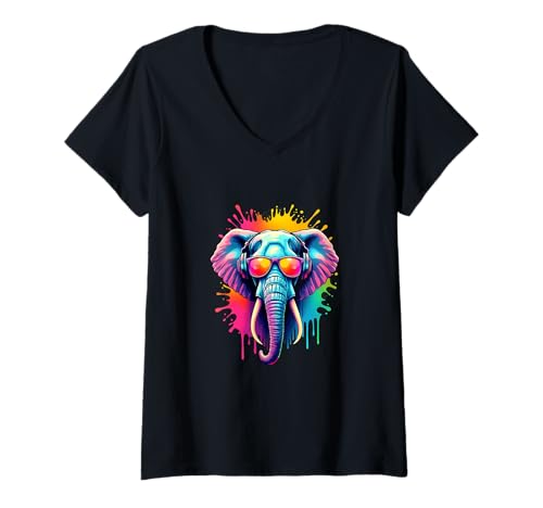 Damen Cooler Elefant mit Kopfhörern Retro Splash T-Shirt mit V-Ausschnitt Damen Cooler Elefant mit Kopfhörern Retro Splash T-Shirt mit V-Ausschnitt von Vibrant Jungle Beats