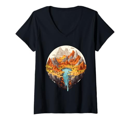 Damen Majestätische Berge und Täler Kunstwerk T-Shirt mit V-Ausschnitt von Vibrant Mountainous Landscapes Adventure Serenity